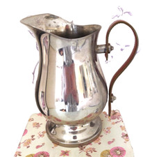 Rare Vintage Silver Plated Water Jug Pitcher Vase with Leather Handle - Wide Lip