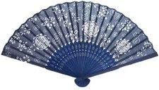 CHINESE GEISHA FANCY DRESS BURLESQUE COSTUME BLUE WOOD & COTTON FLOWER FAN 32cm