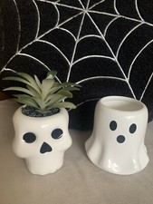 2 Small White Halloween Decorations Faux Plant Skull & Mini Ghost Candle Decor