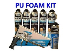 PU ADHESIVE FOAM PLASTERBOARD KIT - 5 CANS 750ML GUN + GUN CLEANER MEGA STIK