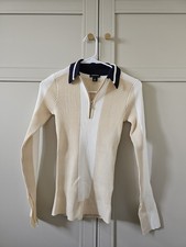 Karen Millen beige white navy collar 3/4 zip ribbed collar jumper