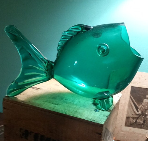 Art glass green fish mcm - art,