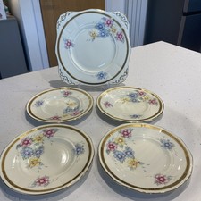 Vintage (1930’s)Tuscan China.  5 Piece Cake Set RH/SL Plant. Floral,Gold Trim. 