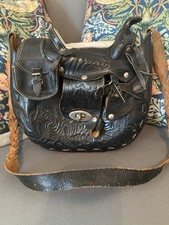 Vintage Tooled Leather Black Saddle Bag Shoulder Bag With Sheepskin Interior