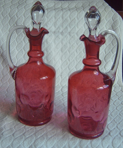 Pair cranberry glass decanters - glass,