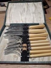Lovely Complete Set Of Antique Chromium Plated Fish Knives And Forks In Case