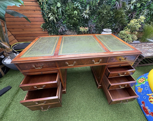 Wood leather pedestal - wood, desk