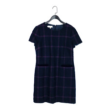 Hobbs Navy Blue Purple Check Mini Crew Neck Shift 100% Wool Riley Dress -Size 14