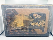 ANTIQUE JAPANESE LACQUER WOOD BOX – HAND PAINTED FAN & BIRD DESIGN – ORIENTAL ST