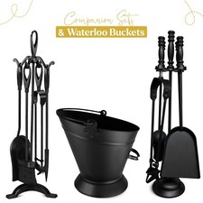 5 Piece Fireplace Companion Set - Black Cast Iron Tools Poker  Brush Tong Stove