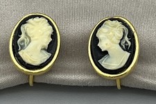Vintage Goldette Clip-On Earrings | Victorian Revival Cameo | 1960s Gold Tone