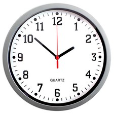 Silver Wall Clock 9" Round Quartz Movement Bold Numerals Home Kitchen Bedroom