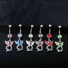 UK Playboy bunny crystal diamanté dangle dangly belly bar gold silver pink blue 