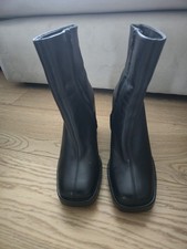 Zara Black FauxLeather Ankle Boots Size UK 6 EU 39 Chunky High Heel Zip Up