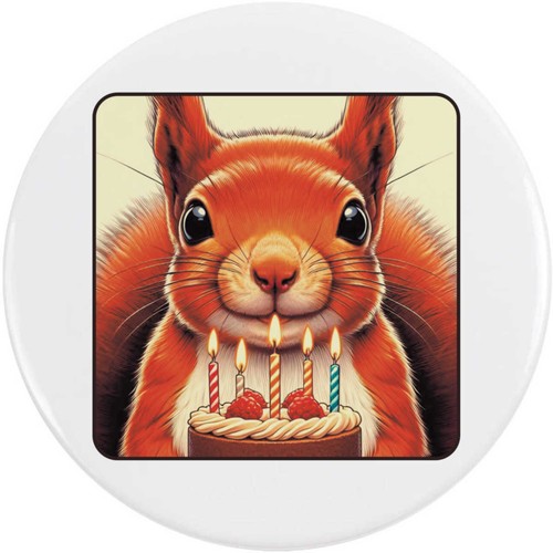 Red squirrel holding - 'red, cake'