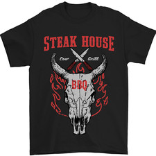 Steak House BBQ Cow Skull Grill Beef Food Mens T-Shirt 100% Cotton