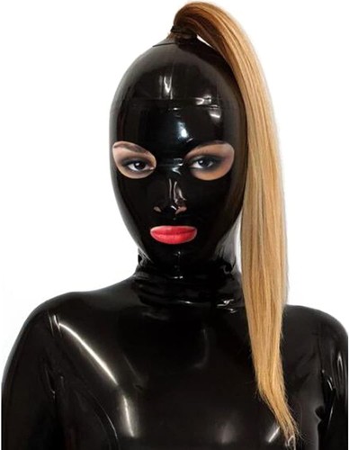 Black latex hood with hair - hood,