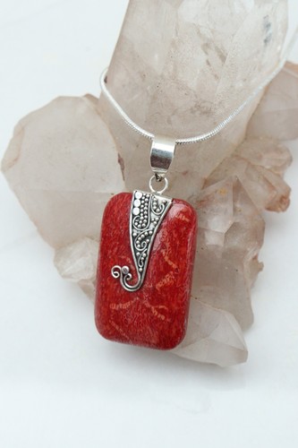 Red coral oblong pendant 925 - oblong,
