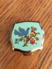 Stratton England Vintage Pill Box, Green Enamel Lid With Bird & Flowers in VGC