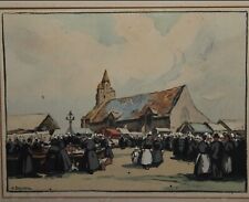 VINTAGE H BARNOIN BRITTANY CHURCH GATHERING SCENE WATERCOLOUR GOUACHE print