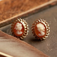 Pre-Owned Vintage 9ct Yellow Gold Cameo Stud Earrings 9ct gold For Her