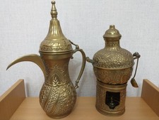 Vintage Arabic Dallah Coffee Pot 14" & Egyptian Bean Pot 11" Brass Ornaments