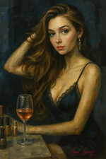 Mario Mendoza Oil Painting Print Canvas Beautiful Woman Sexy Wine Art Night Bar
