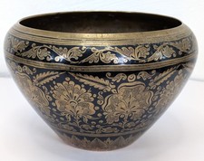 Vintage Jardiniere Planter Plant Pot Black Enamel on Brass Floral Design 9in