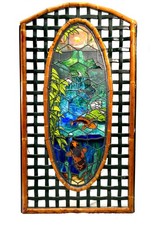 Vintage Oriental Large Wooden Edged Stain Glass Window Lake Scene Koi Fish c1970
