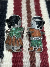 RARE VINTAGE NAVAJO BOY & GIRL CORAL & DARK GREEN TURQ CHIP INLAY PAIR OF RINGS 