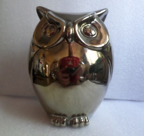 Silver ceramic owl - silver,