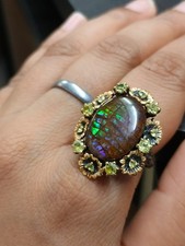 Real Ammolite Gemstone Peridot Cocktail Ring Sterling Silver Gold Plated Jewelry