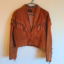 Vintage ETAM tan leather cowboy jacket - UK 10 - tassel retro suede brown boho
