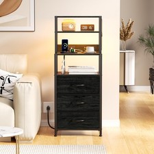 Tall Nightstand with Charging Station Open Shelves Storage Unit Bedroom