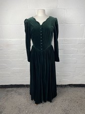 Vintage Laura Ashley Dark Green Velvet Long Sleeve Dress - Size UK 16