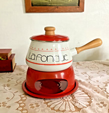 VIntage Fondue Set 1970's Enamelled Saucepan and Base Red and White