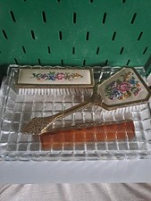 Vintage Embroidered Petit Point 3 Piece Vanity Dressing Table Set Brush Mirror