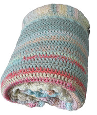 Hand-knitted BLANKET 226cm x 212cm multi-coloured squares large double scalloped