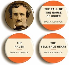 EDGAR ALLAN POE BADGE BUTTON PIN SET (Size is 1inch/25mm diameter) GOTHIC HORROR