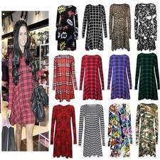 LADIES LONG SLEEVE SKATER SWING MINI WOMENS JERSEY PARTY TOP DRESS UK SIZE 8-26