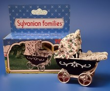 Sylvanian Families Baby Pram Babies Stroller Navy & Floral Boxed 1985  TOMY 3465