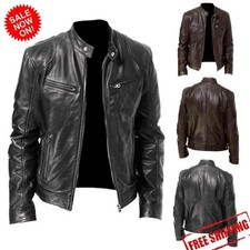 New Men Vintage Cafe Racer Brown Black Leather Casual Slim Fit Real Biker Jacket