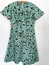 Vintage 60s70s Laura Lee Green Floral Poly Flared Dress | M L | Front Tie Detail