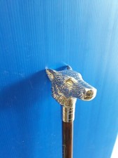 WALKING STICK/CANE 54 SILVER/BRASS WOLF HEAD HANDLE 99cm ON CARVED HAZEL STICK