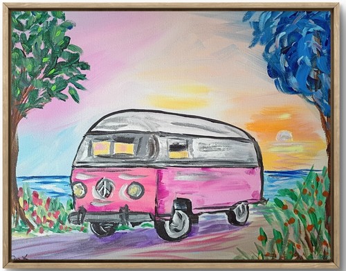 Pink hippie bus 11x14 - hippie,