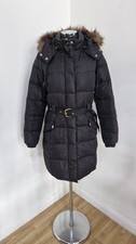 Joules Padded Coat Sz 12 Black Down & Feather Quilted Fur Hood Parka Belted READ