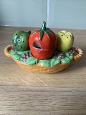 Vintage Fruit Ceramic Salt Pepper And Sauce Cruet Set Basket Apple Pear Tomato