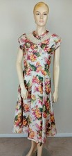 VINTAGE ANTIQUE 40S PINK  & ORANGE FLORAL PRINT FLARE TEA SUMMER DRESS 12
