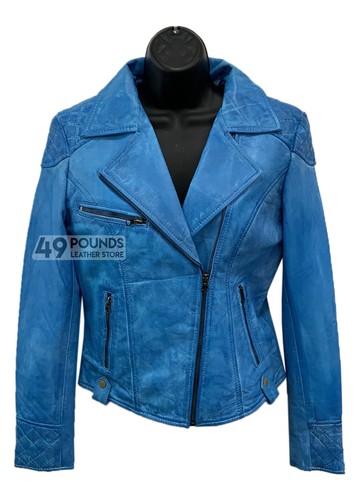 Ladies blue quilted biker - blue,