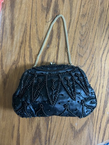 Vintage black beaded satin - black,